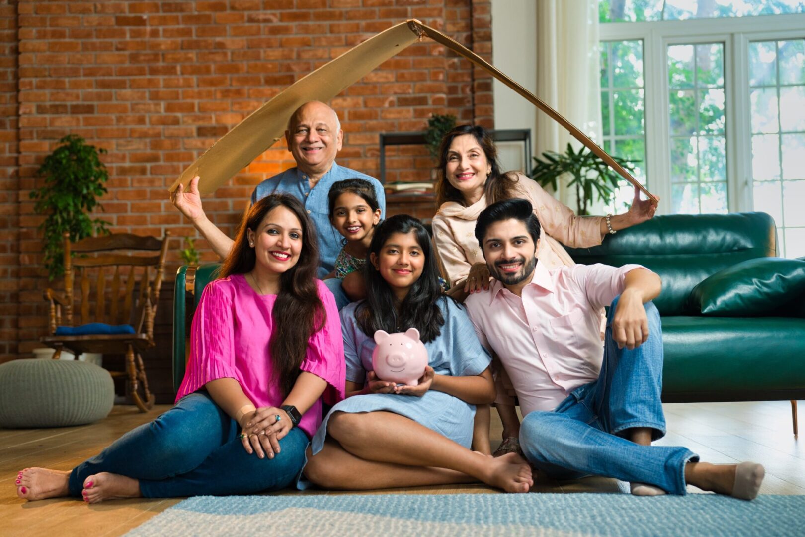 Indian,Asian,Multigenerational,Family,Of,Six,Sitting,On,Sofa,,Holding