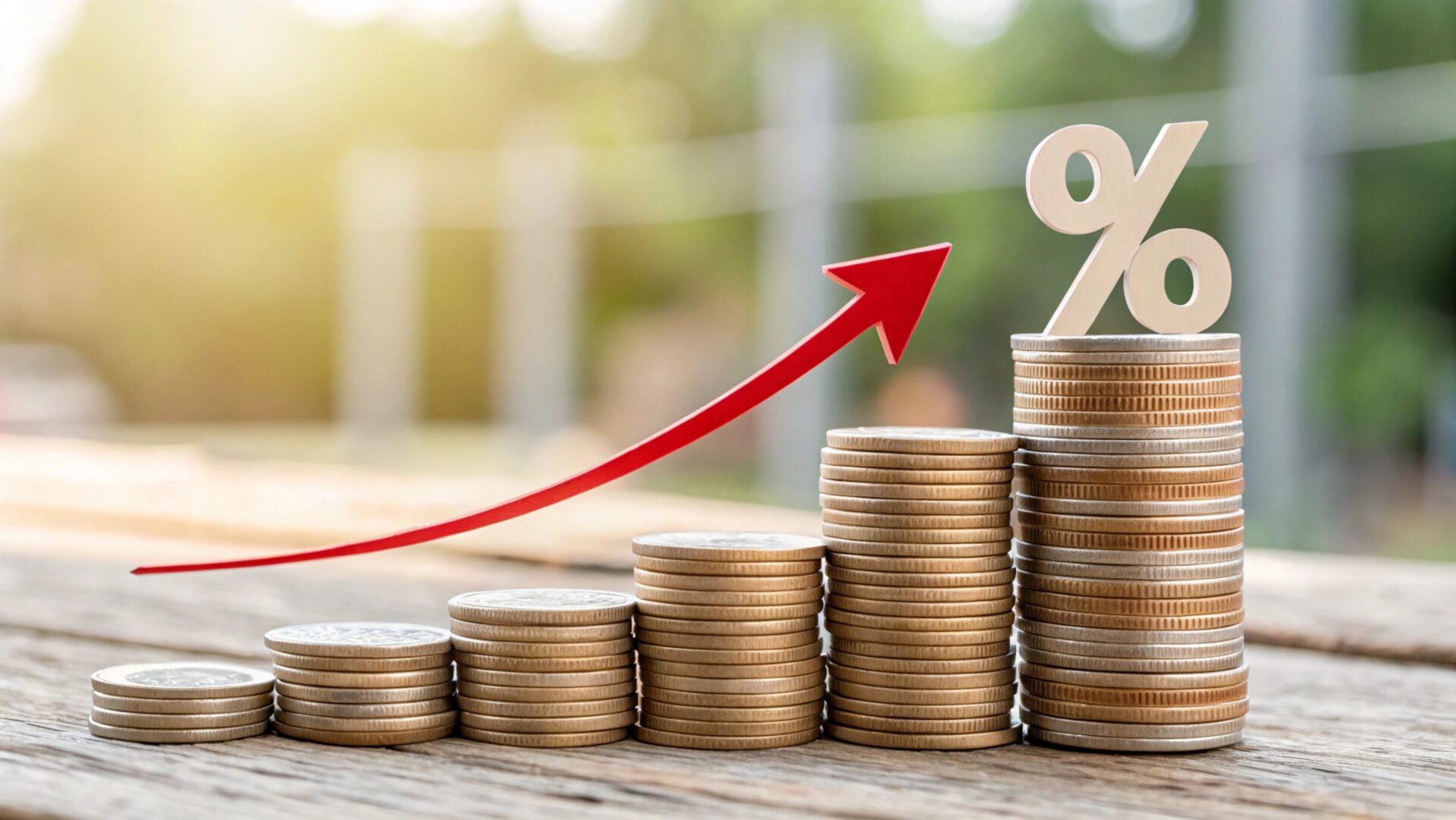 Coins,Money,Stacking,With,Up,Arrow,And,Percentage,Symbol,For